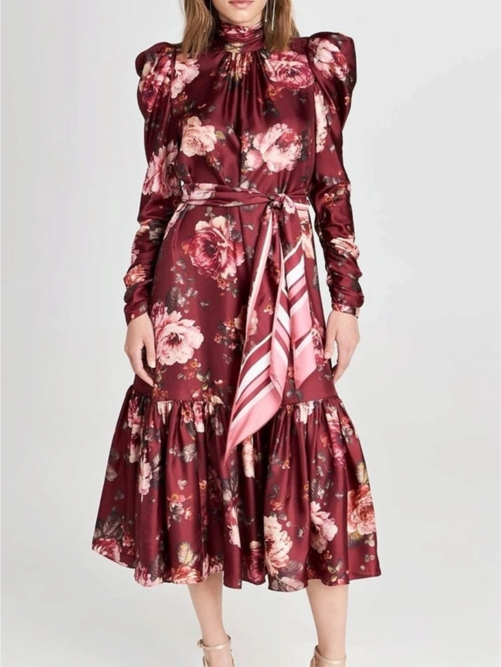 Zimmermann Floral Puff Sleeve Midi Dress in burgundy & Pink